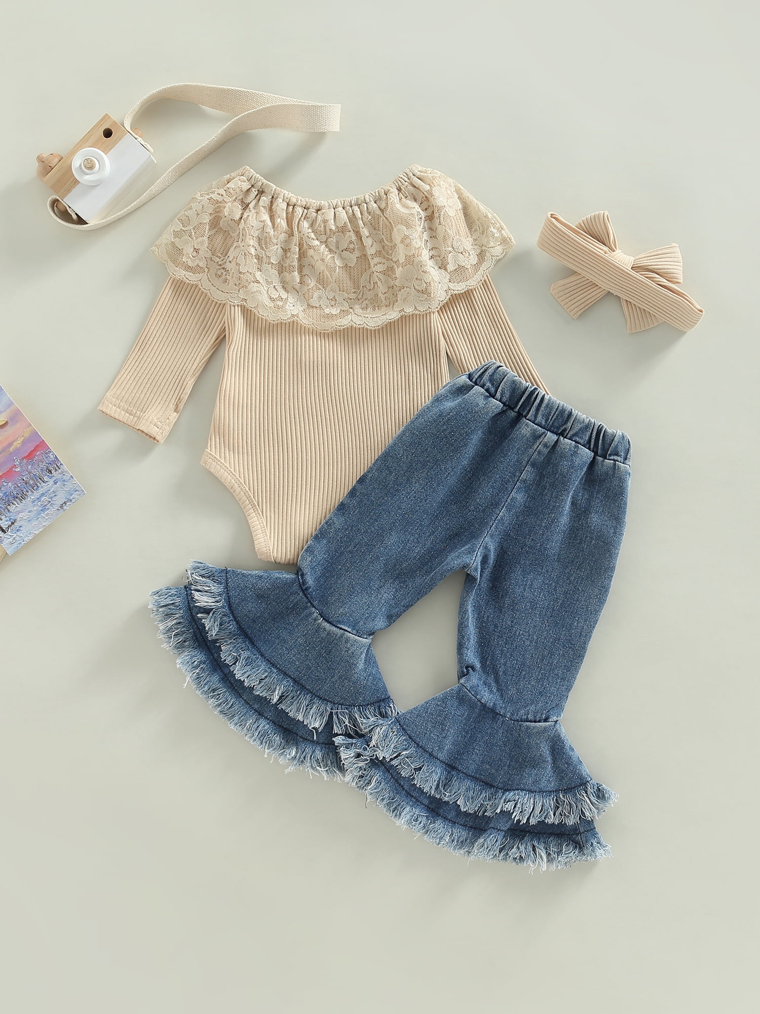 100% Cotton 2pcs Baby Girl Striped Cold Shoulder Long-sleeve Crop Top and Flared Pants Set
