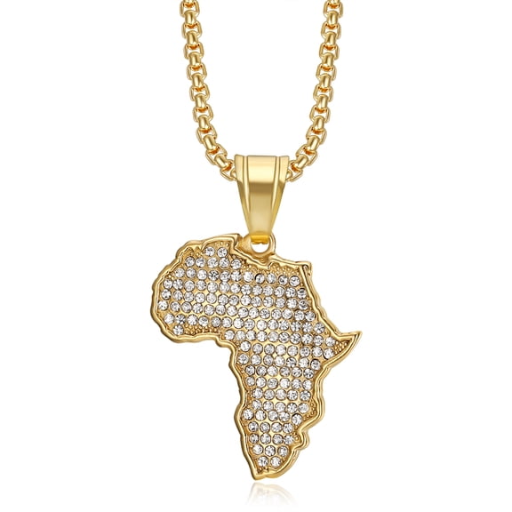 18K Gold Plated African Map Pendant Punk Rock Stainless Steel Necklace, 24 Inch Chain Hip Hop Jewelry Gift for Men Women