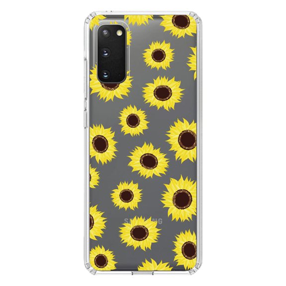 DistinctInk Clear Shockproof Hybrid Case for Galaxy S20 / S20 5G (6.2" Screen) - TPU Bumper, Acrylic Back, Tempered Glass Screen Protector - Yellow Sunflowers