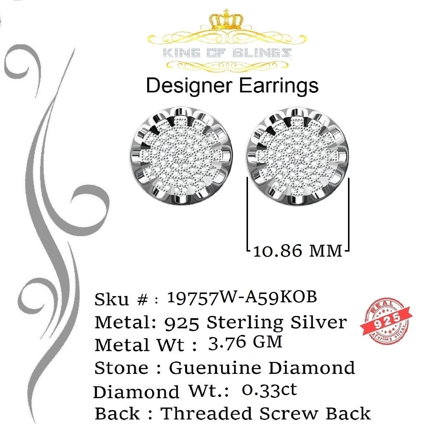 King of Bling's 925 Sterling Silver 0.33ct Diamond For Women's/ Men's White Stud Floral Earrings