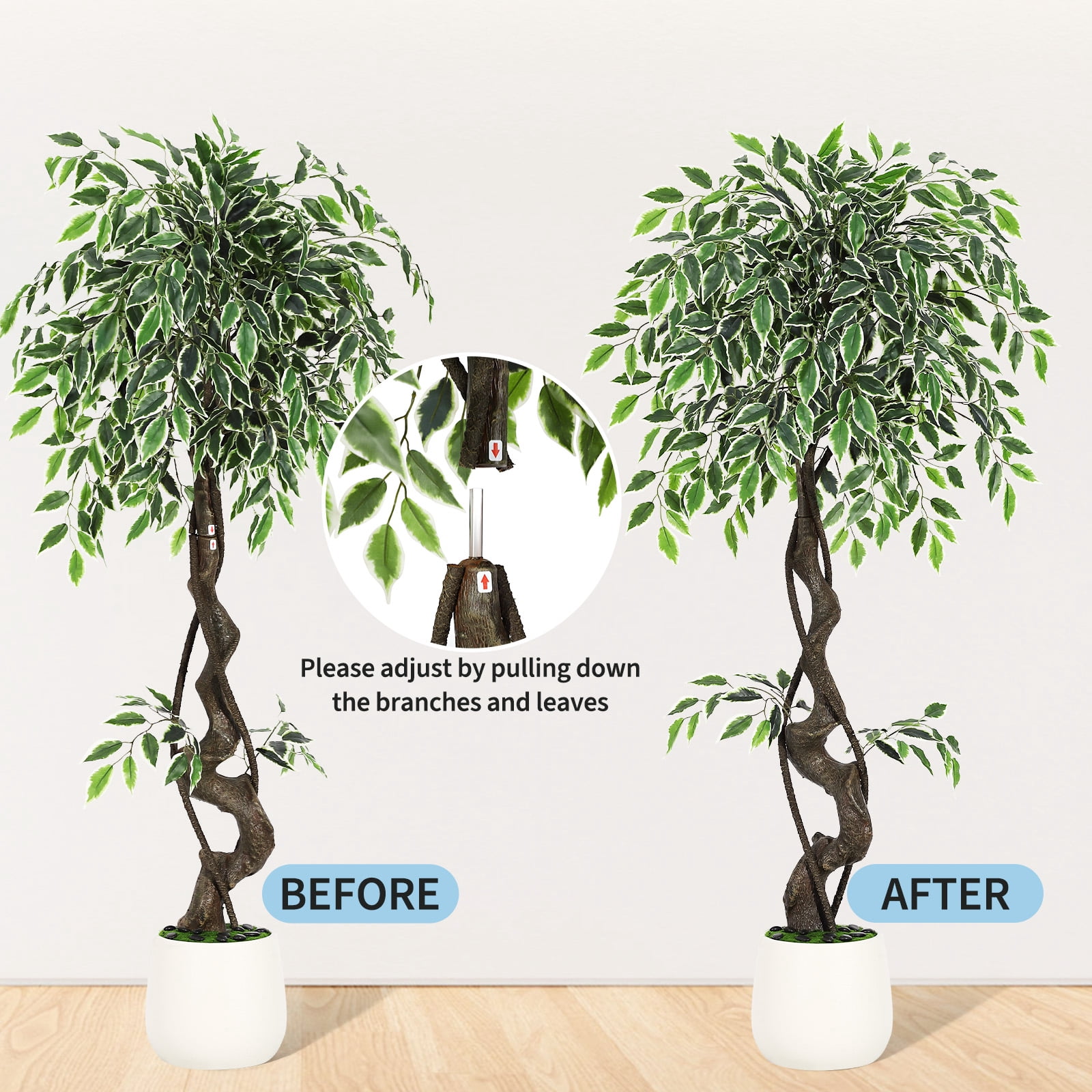 Artificial Ficus Tree 4ft Tall, Faux Floor Plant with White Imitation Ceramic Planter, Lifelike Silk Tree with Moss & Pebbles for Home Office Indoor Decor