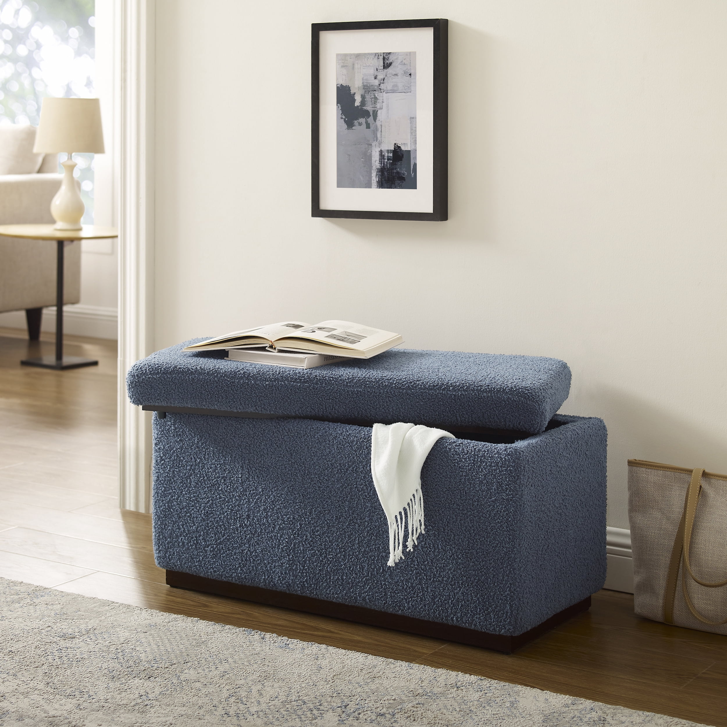 Linon Elta Rectangle Storage Ottoman, Dark Gray Faux Leather