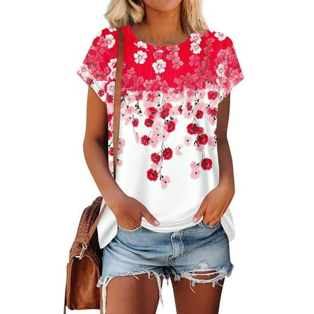 Womens Tops Casual  Short Sleeve T Shirts Round Neck Cute Tunic Tops Basic Tees Blouses Loose Fit Pullover Women Tops Plus Size Swimsuit For Turtleneck Long Tops Tank Tops (XL  Red) ZMTing