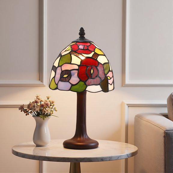 Small Tiffany Style Table Lamp, 14.5"H Beautiful Stained Glass Lamp, Rose Flower, Handcrafted Vintage Art Decor Desk Lamp For Living Room Nightstand Bedroom Home Office(No Bulb Included)