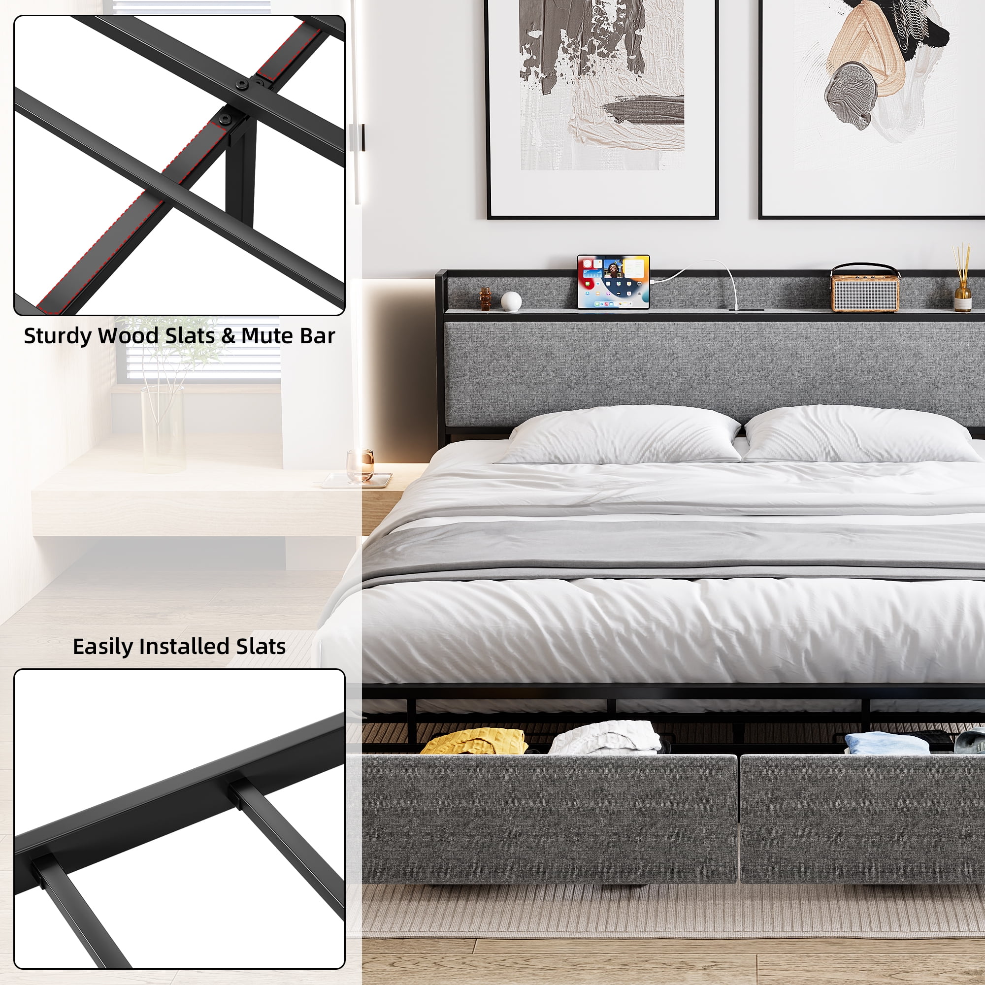 King Size Bed Frame with 2 Storage Drawers and Charging Station