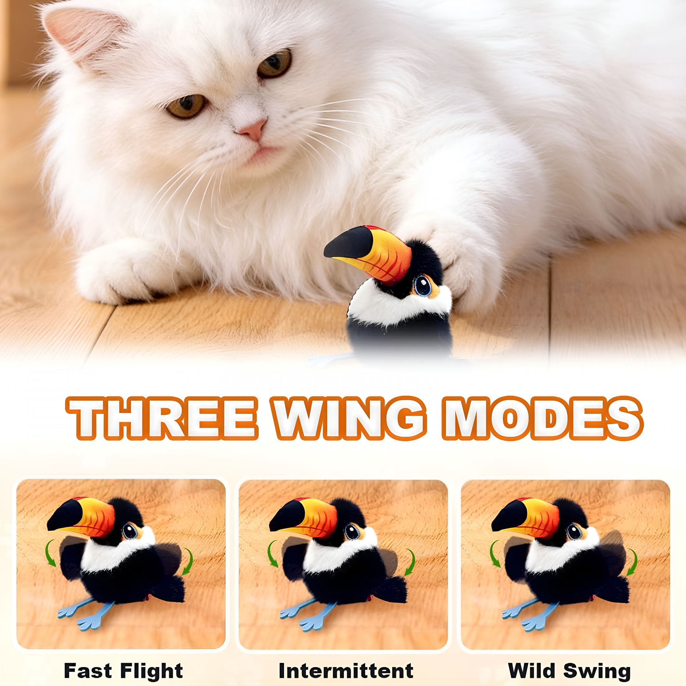 BESTSKY 2026 New Flapping Bird Cat Toy, Upgraded Interactive Flying Chirping Bird Toys, Rechargeable Cat Toy with Touch Activated for Indoor Cats (White-Breasted Tit,1Pc)