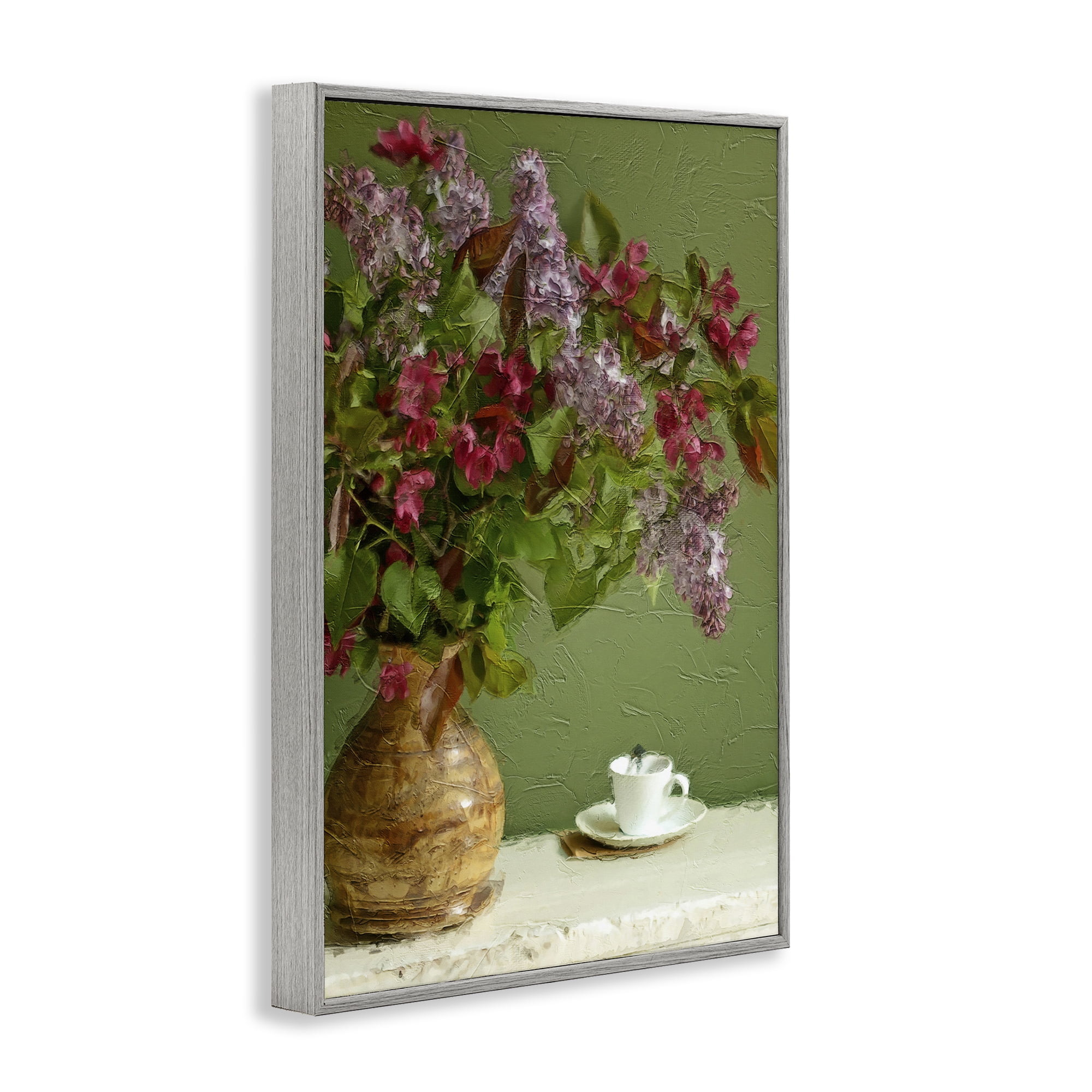 Stupell Industries Flowers & Teacup Botanical & Floral Painting Gray Framed Art Print Wall Art, 20 x 30