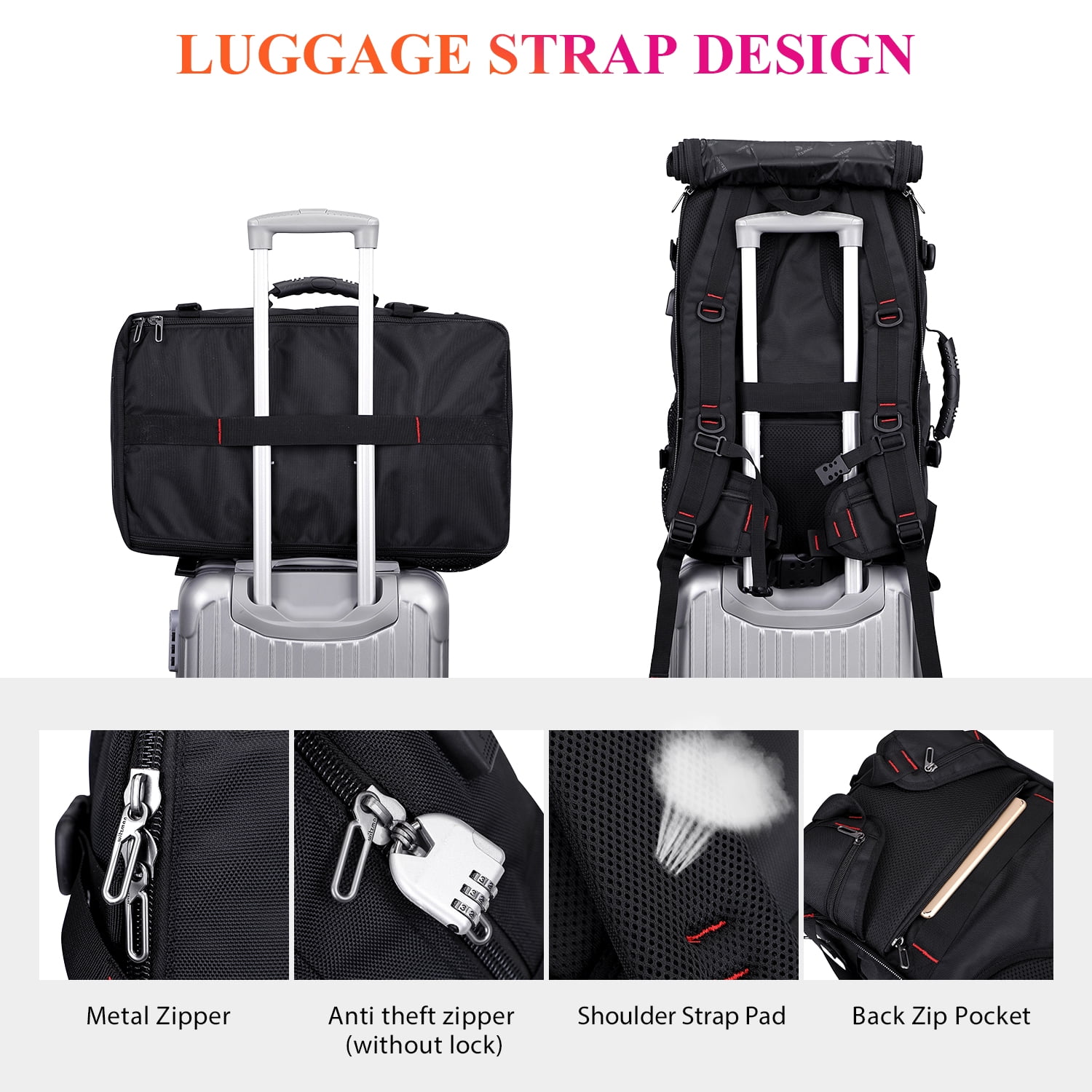 WITZMAN Carry on Travel Backpack for Men Airline Approved Convertible Nylon Duffle Backpack Luggage Bag(B682 Black)