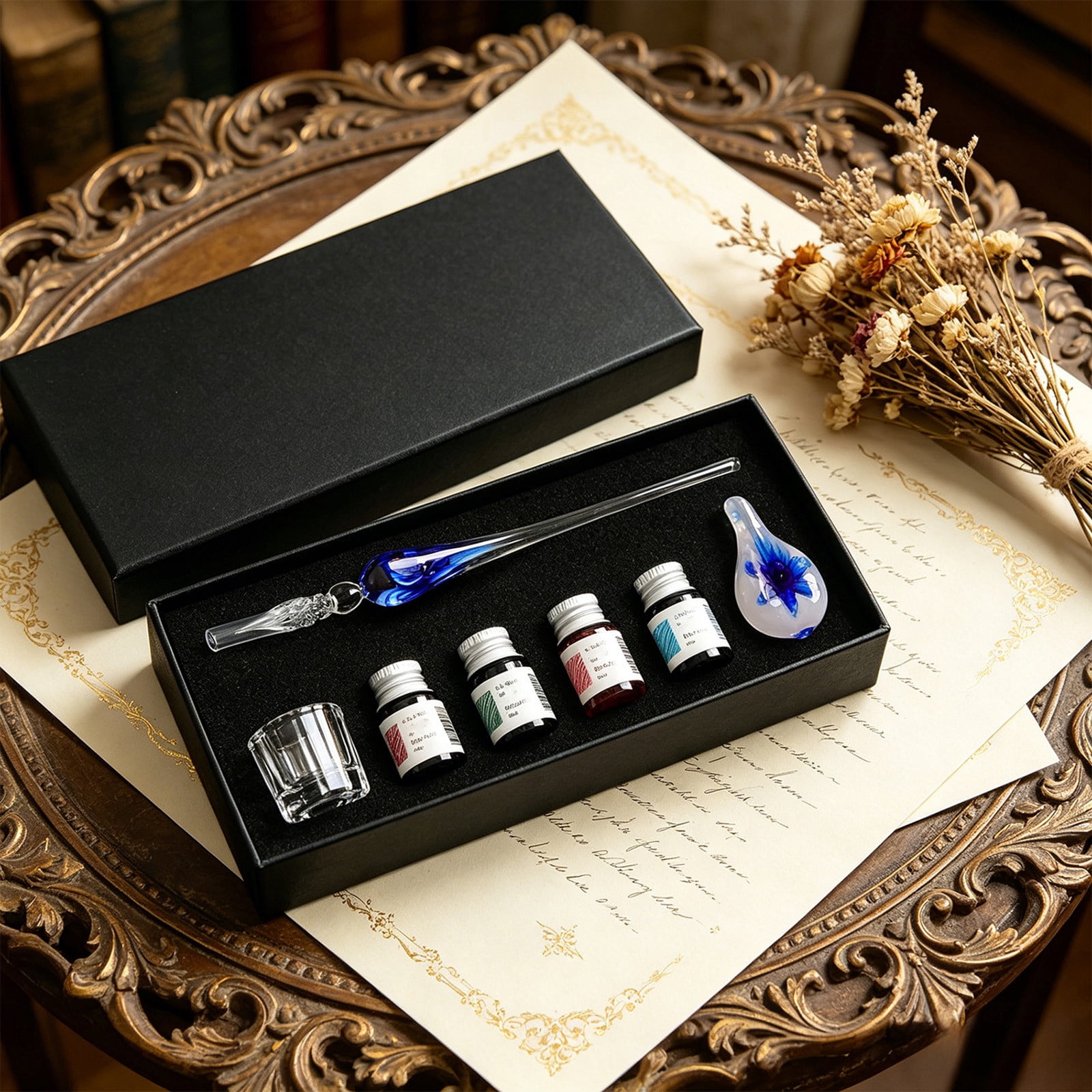 Xheghe Crystal Glass Pen Set with Ink Bottles, Brush Washing Cup & Pen Rack - Ideal Gift for Writers and Professionals