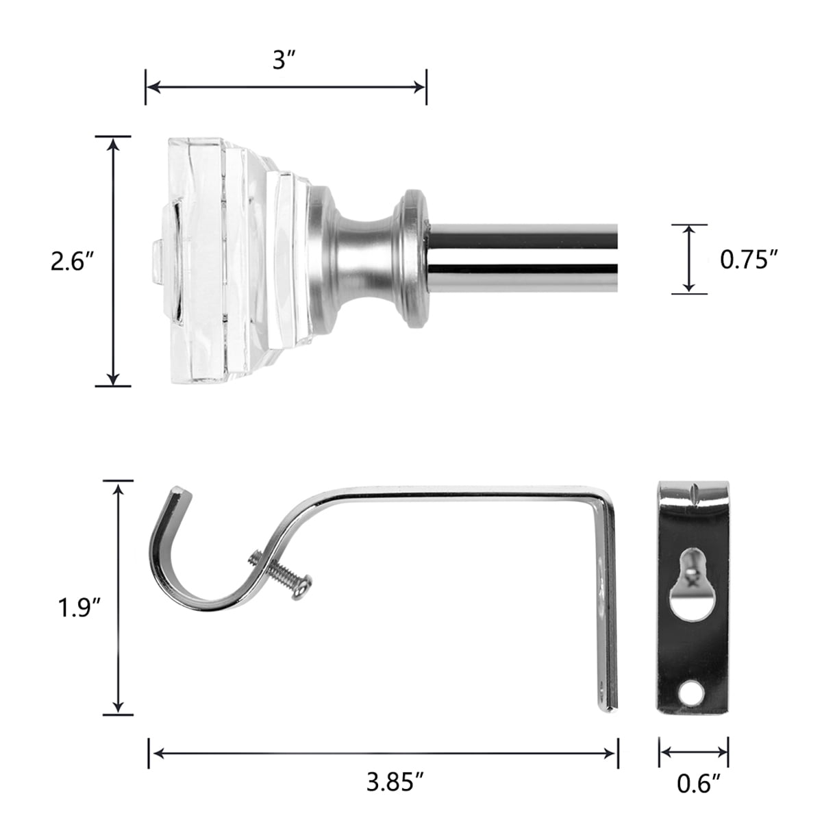 3/4" Diameter Standard Decorative Window Curtain Rod, Adjustable Curtain Rod for Windows , Acrylic Square Finials