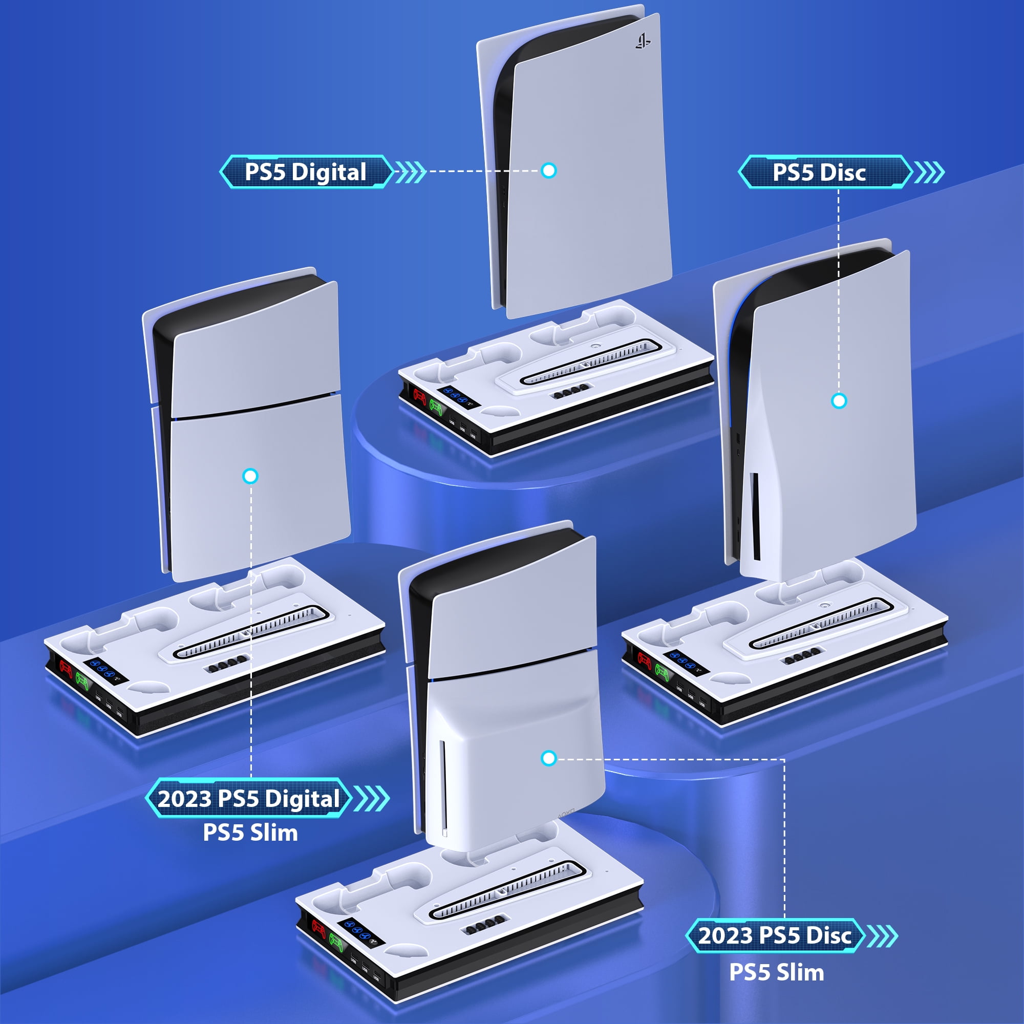 Daenfyy PS5 Stand for PS5/PS5 Slim, PS5 Cooling Station Stand with Cooling Fan, Dual Controller Charger, Headset Holder, 3 Charger Port