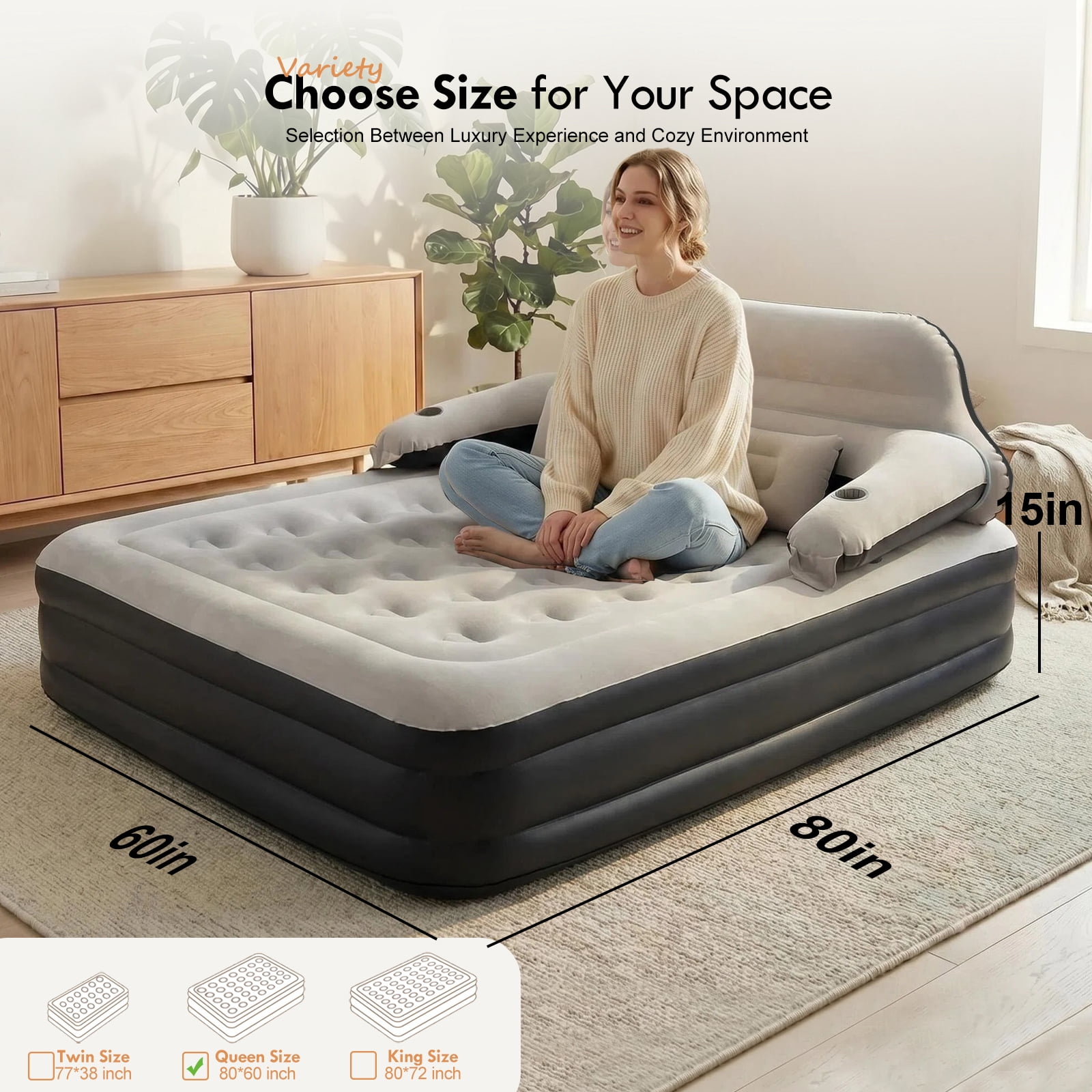 Honeydrill Queen Size 15" Air Mattress with Headboard, Airbed Inflatable Couch with Pump