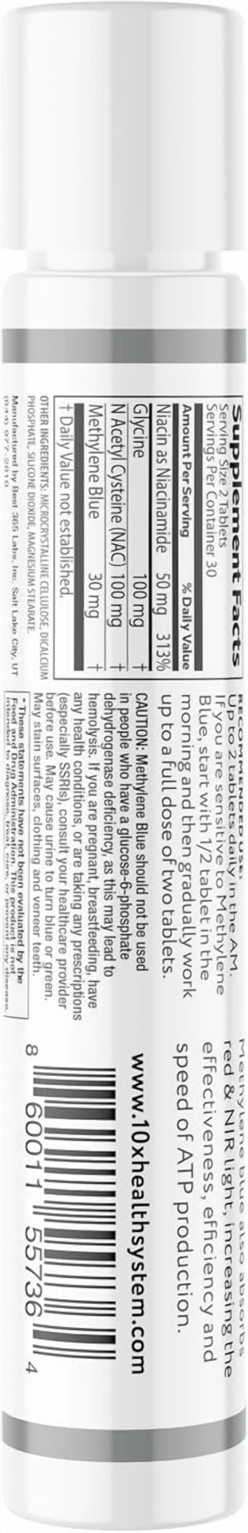 10X Health Pharmaceutical Grade Methylene Blue Tablets with Glycine, NAC, & Niacinamide, 60 Tablets