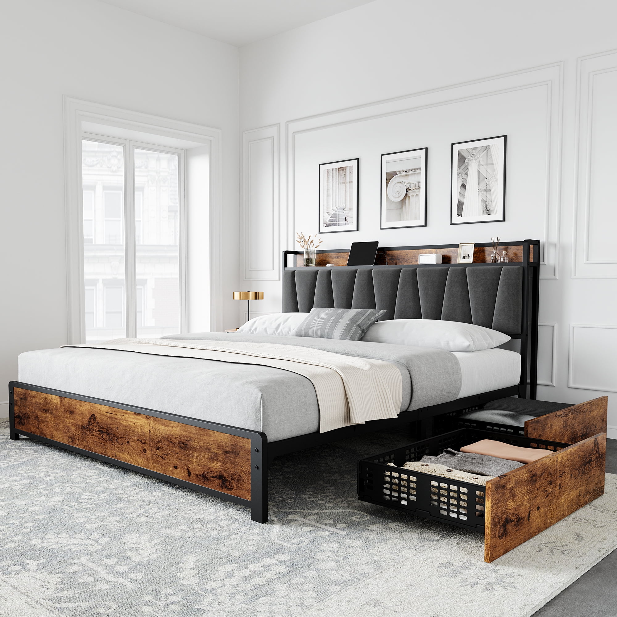 Platform Bed Frame with Storage and Charging Station​ - Vintage Brown Upholstered Bed with 4 Drawers. Quiet Heavy-Duty Metal Frame. king size
