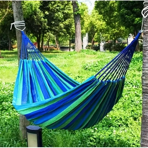 Portable Canvas Hammock for Garden  Balcony & Backyard - Breathable Anti-Rollover Design with Stable Knots Blue & Green Striped Fabric  Perfect for Adults  Backyard Hammock | Vibrant Desi