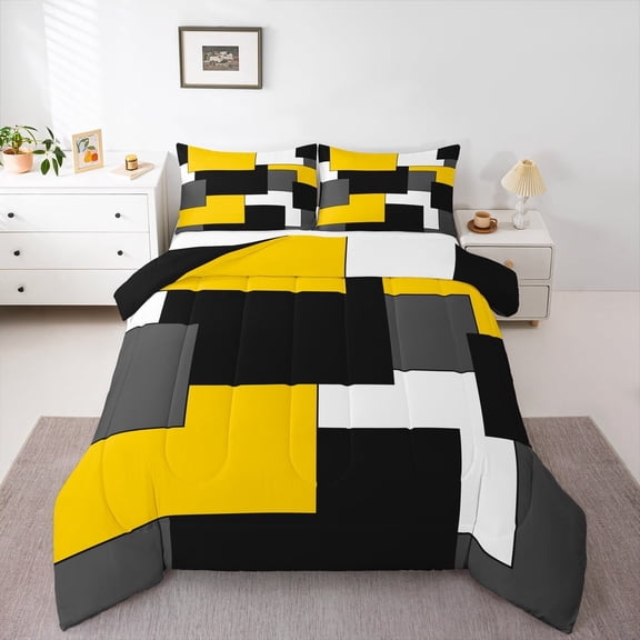Erosebridal Yellow Geometric Comforter Sets Queen Size, Chic Rectangle Comforters & Duvets, Modern Fashion Reversible Bedding Queen Comforter Set, Breathable Bedroom Decor, 3pcs