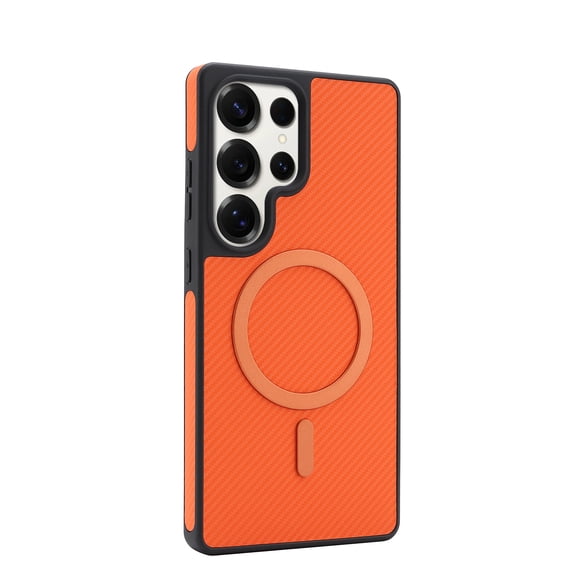 For Samsung Galaxy S26 Ultra Phone Case,Fiber Pattern PU Leather Back,Compatible with Mag-Safe,Shockproof & Anti-scratch,Ultra Slim Anti-fall Drop Protection,PC TPU Hybrid Durable Phone Case,Orange