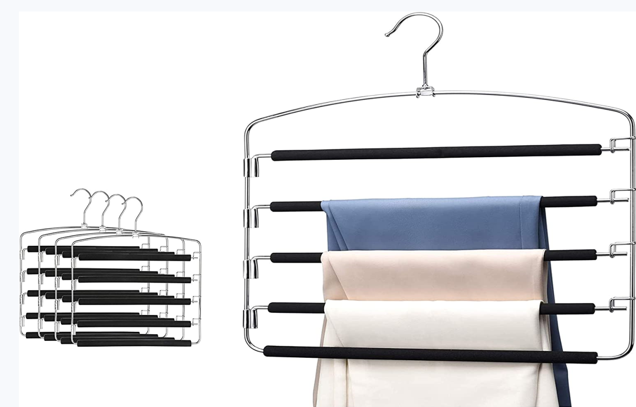 Pants Hangers Non Slip 4 Pack Space Saving Hangers Multi-Layer Swing Arm Pants Hanger Stainless Steel Space Saver Hangers for Pants Jeans Scarf ...