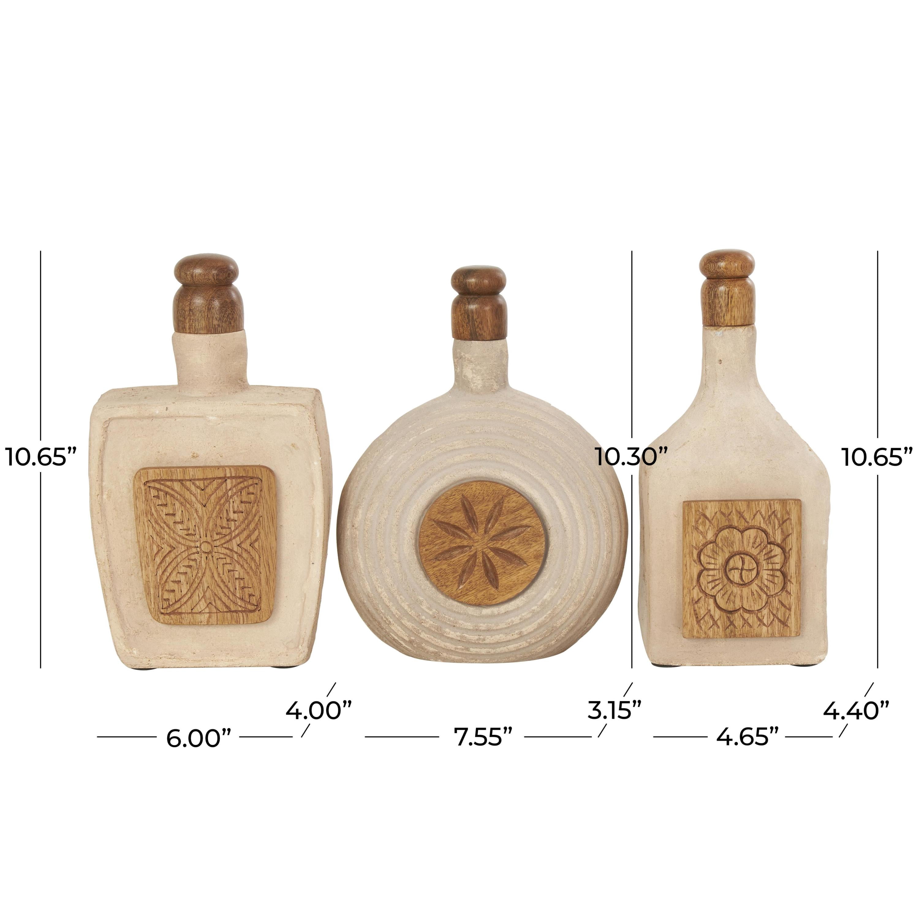 DecMode 6"W, 11"H Brown Paper Mache Floral Decorative Jars with Varying Shapes and Carved Wood Etchings, 3-Pieces