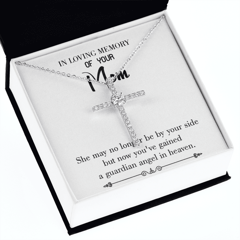 Guardian Angel in Heaven White Mom Remembrance CZ Cross Necklace