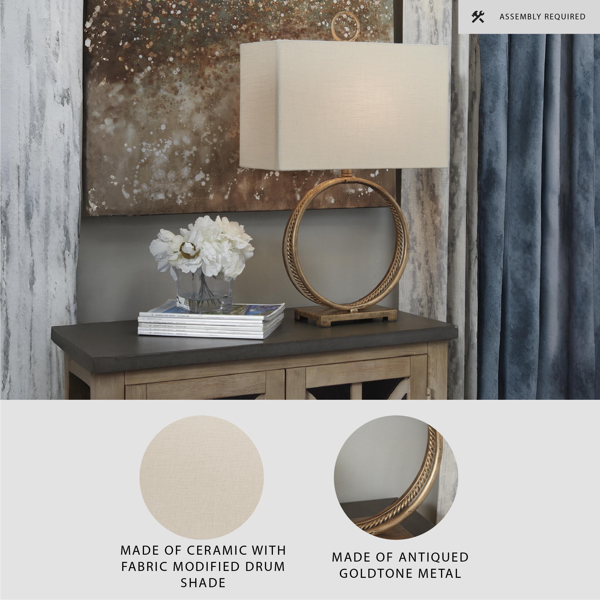 Signature Design by Ashley Mahala Metal Table Lamp, Antique Gold Finish, Modern Ring Table Lamp with Rectangular Shade and 3-Way Switch