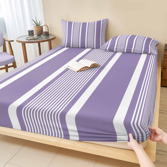 King Size Fitted Sheet Set - Purple Stripe 3 Piece Bedding Sets 16" Deep Pocket Fitted Sheet with 2 Pillowcases, Boho Striped Modern Minimalist Geometric Lines Brushed Microfiber Hotel Bed Sheets