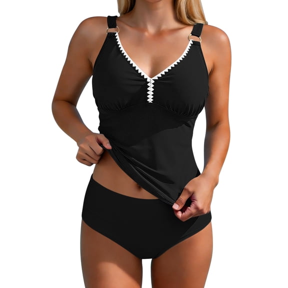 Atogsazn Summer Tankini Swimsuit for Women Tummy Control 2 Piece Bathing Suit V Neck Top Shorts Swimwear Outfit Black XL Fashion