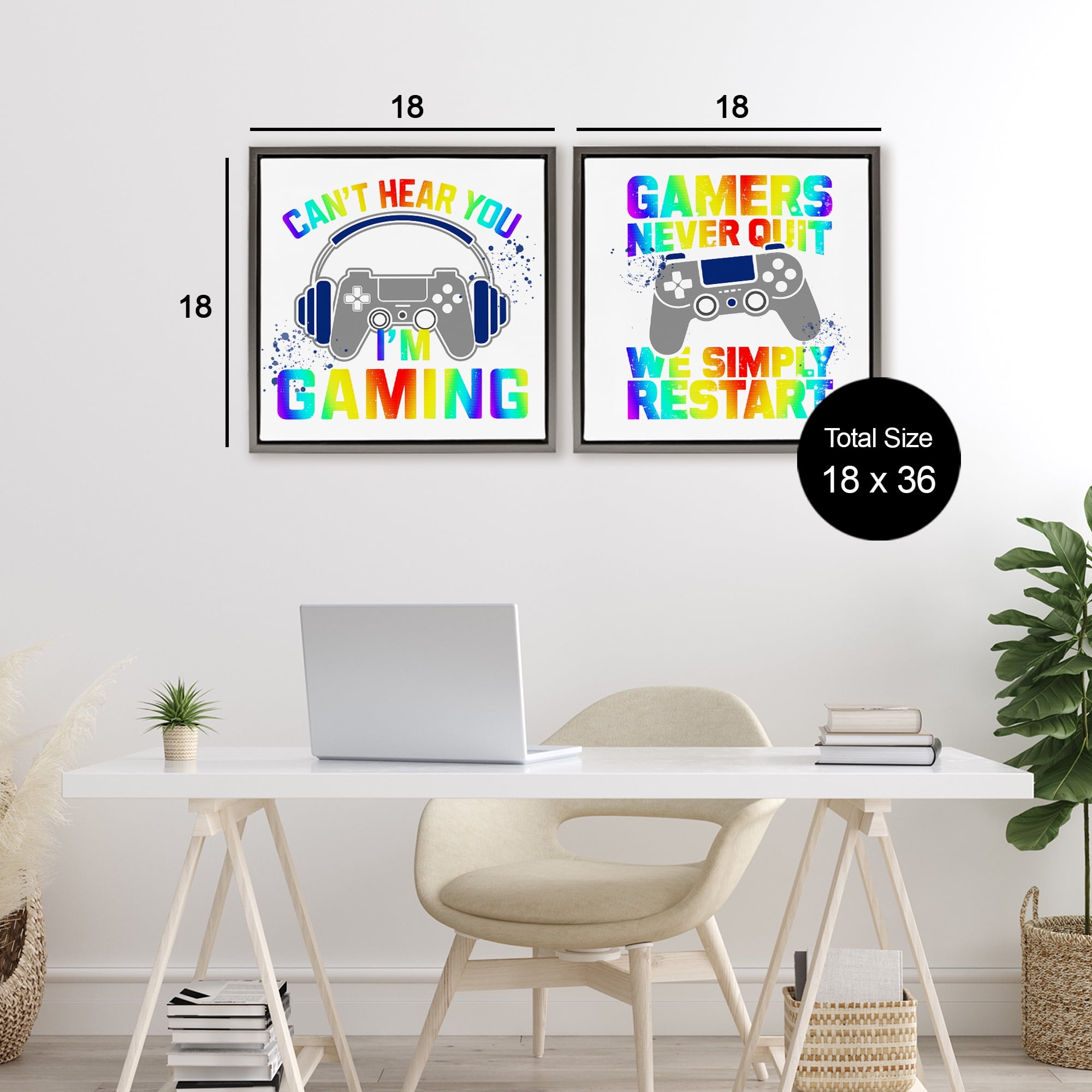 Rainbow Retro Gaming Phrases 2 Piece Gray Framed Floater Canvas Set, design by Kim Allen