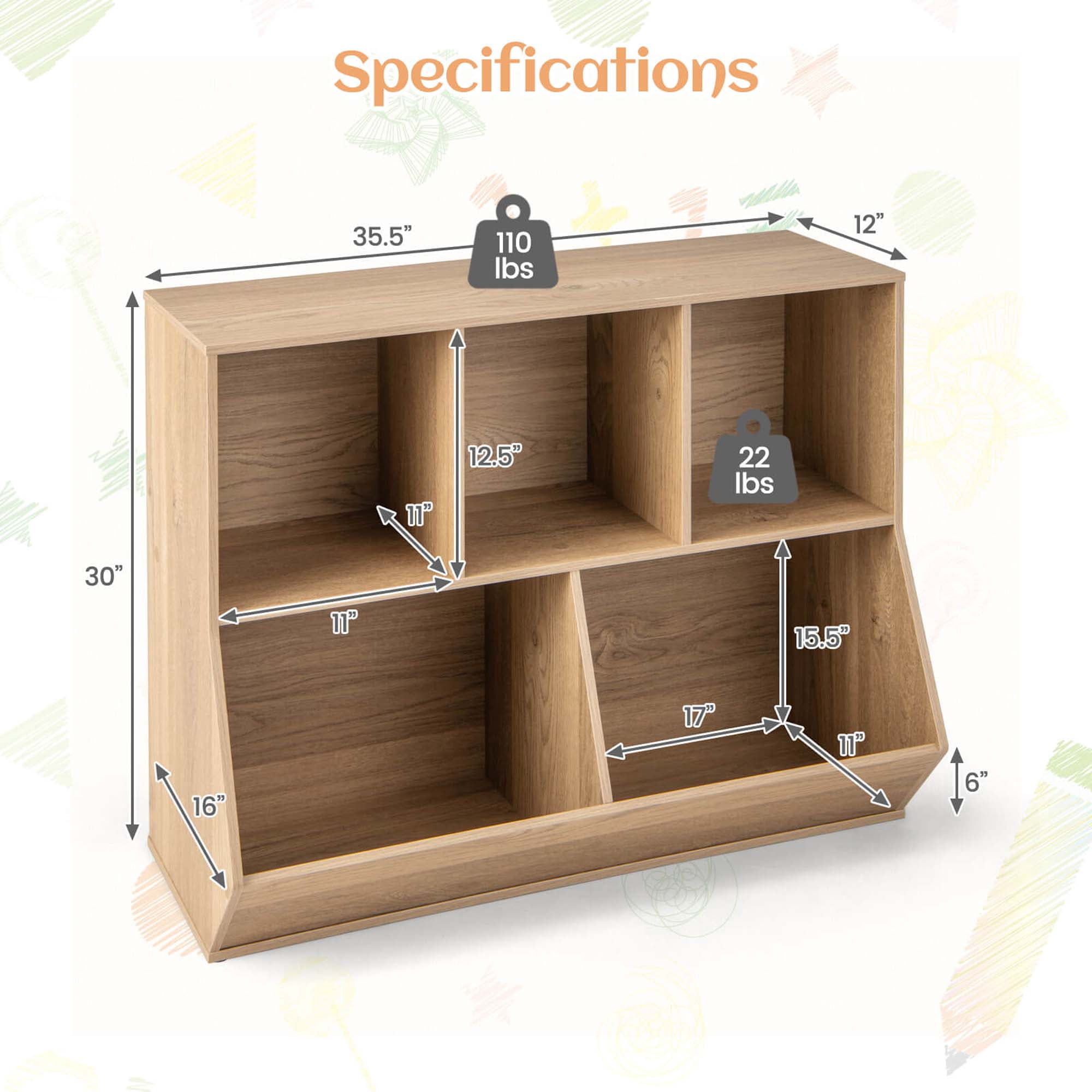 Costway Storage Organizer Kids Bookcases, Wood Natural, 35.5''x16''x30'', 38.5 lb