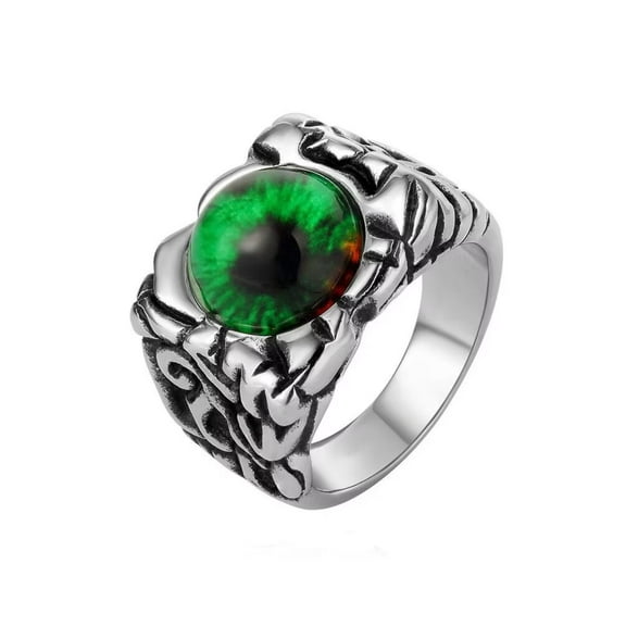 PAMTIER Unisex Stainless Steel Personality Vintage Round Cut Bloody Green Gemstone Devil's Eye Cracks Signet Biker Ring Gothic Punk Statement Size 7
