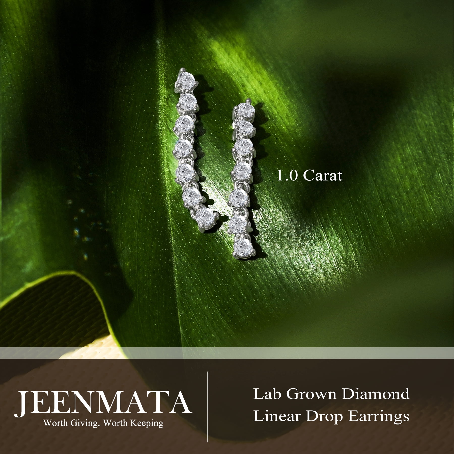 JeenMata 1 Carat Round Cut Lab Grown Diamond Linear Drop Earring - Classic Drop Earrings in 18K White Gold Plating for Women, Gift for Her
