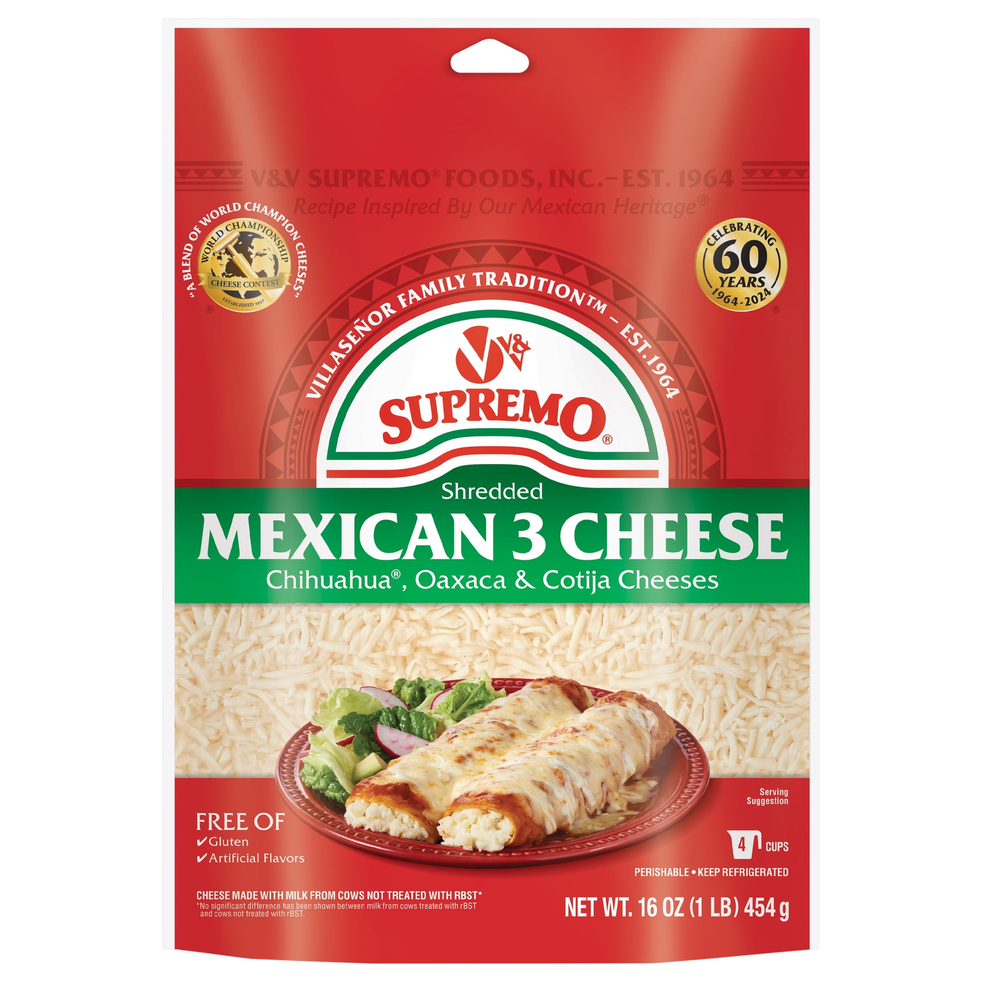V&V Supremo Shredded Mexican 3 Cheese, Chihuahua, Oaxaca, and Cojita, Gluten-Free, 16 oz, Refrigerated