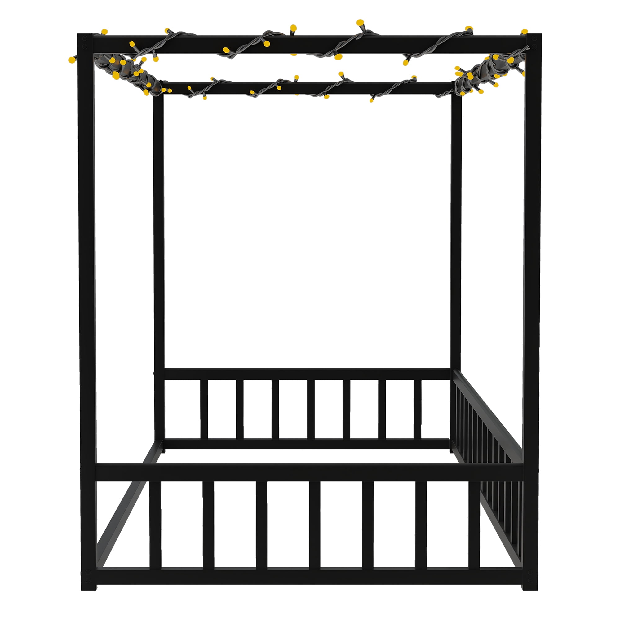 Mintazer Twin Size Kids Sunshade Floor Bed Frame with Guardrails, Canopy Floor Bed for Low Profile, Black