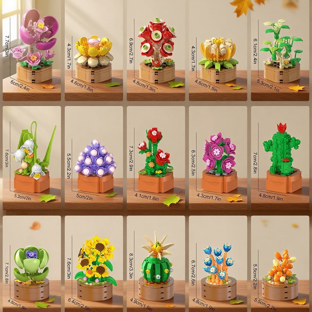 Cubimana 15 Pack Mini Flower Succulents Building Sets Botanical Collection (1314PCS)