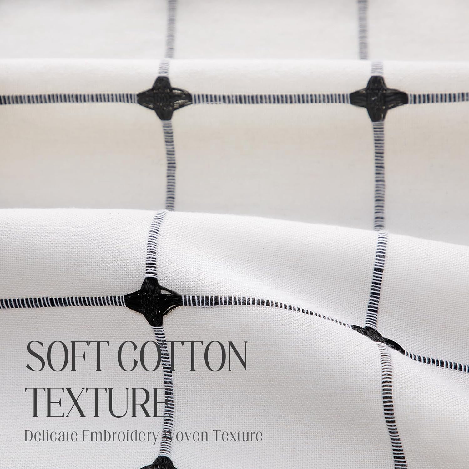 Black and White Farmhouse Shower Curtain Cotton Texture with Embroidered Plaid Pattern and Tassels for Bathroom,72" W×72" L