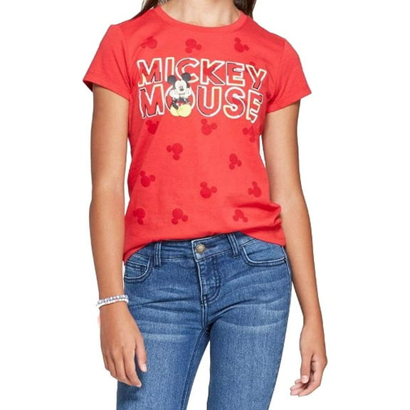Disney Girls' Mickey Mouse Short Sleeve T-Shirt- Red - Medium (7/8)