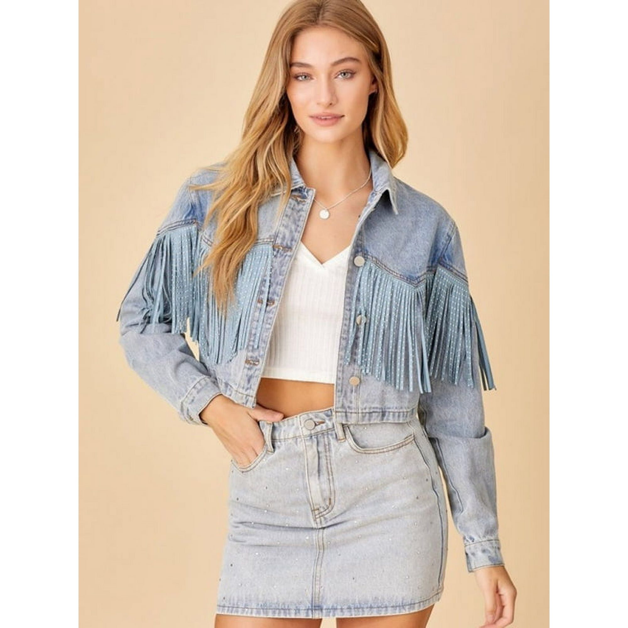 Veste en Jean Frange a Revers Coupe