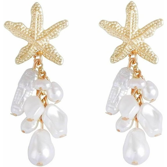 Starfish Tassel Pearl Gold Earrings for Women Trendy 14K Gold Plated Bohemian Hanging Stud Boho Ocean Sea Star Dainty Lightweight Minimalist Simple Beach Earring Fashion Vacation Jewelry for Her