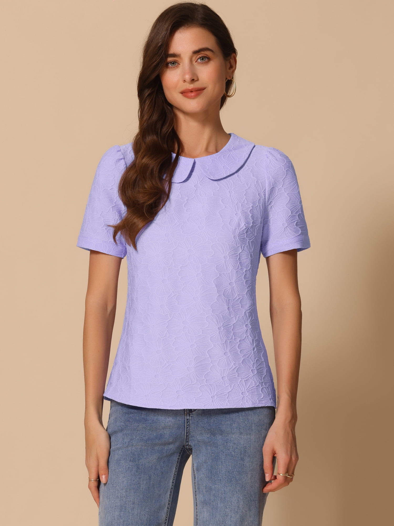 DARING DIVA Floral Puff Kawaii Peter Pan Collar Blouse L Purple