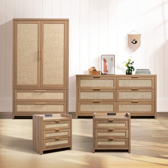 SICOTAS 4 Piece Bohemian Bedroom Furniture Set, Bedroom Set with 56.85" W Dresser, 3 Drawer Nightstands & Armoire– Adjustable Shelves, Soft-Close Hinges, USB & Type-C Ports, Coastal Farmhouse Style