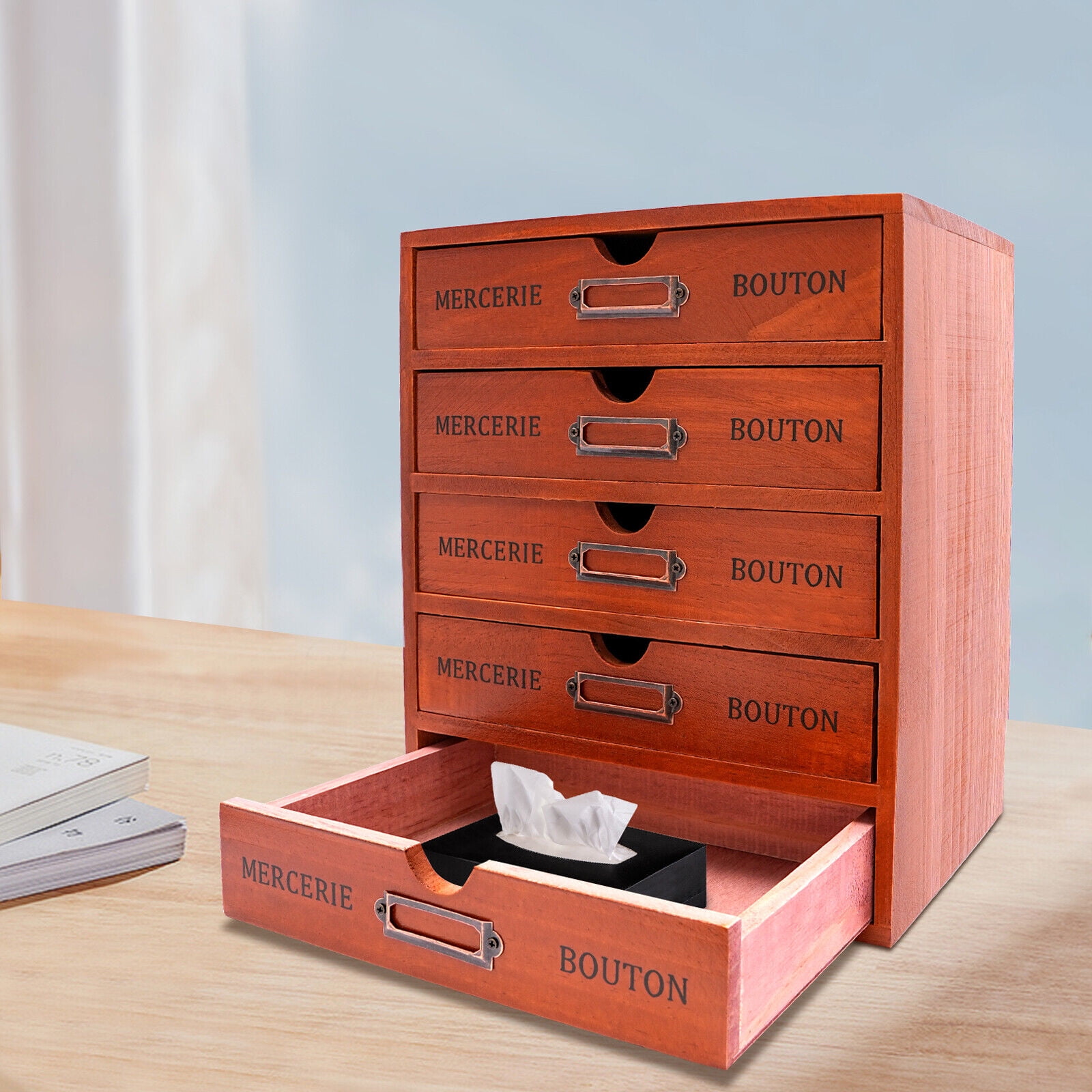 5-Drawer Retro Pine Wood Desk Organizer,Freestanding, 1.02lbs Capacity - with Label Slots & Ergonomic Handles,Ideal for Office & Home,Brown