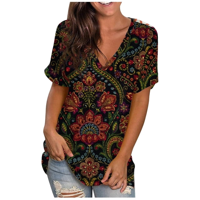 Camisetas con estampado de cuello redondo para mujer Camiseta de manga corta Blusa Tops sueltos OAVQHLG3B Store lin121212
