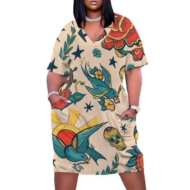 Vestido largo con bolsillo suelto para mujer traje con diseño de tatuaje Punk e ilustración