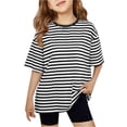 thumbnail image 2 of Dwellite Girls Striped Short Sleeve T Shirts for Kids Summer Oversized Tops Casual Crewneck Tees 2-13 Years Black 100, 2 of 4