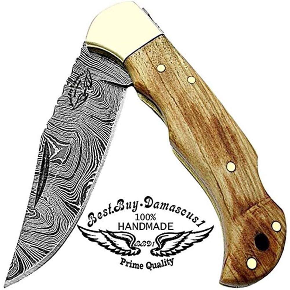 Best.Buy.Damascus1 Pocket Knife Set, Olive Wood Damascus Steel Hunting Knives, 3 in Blade Length