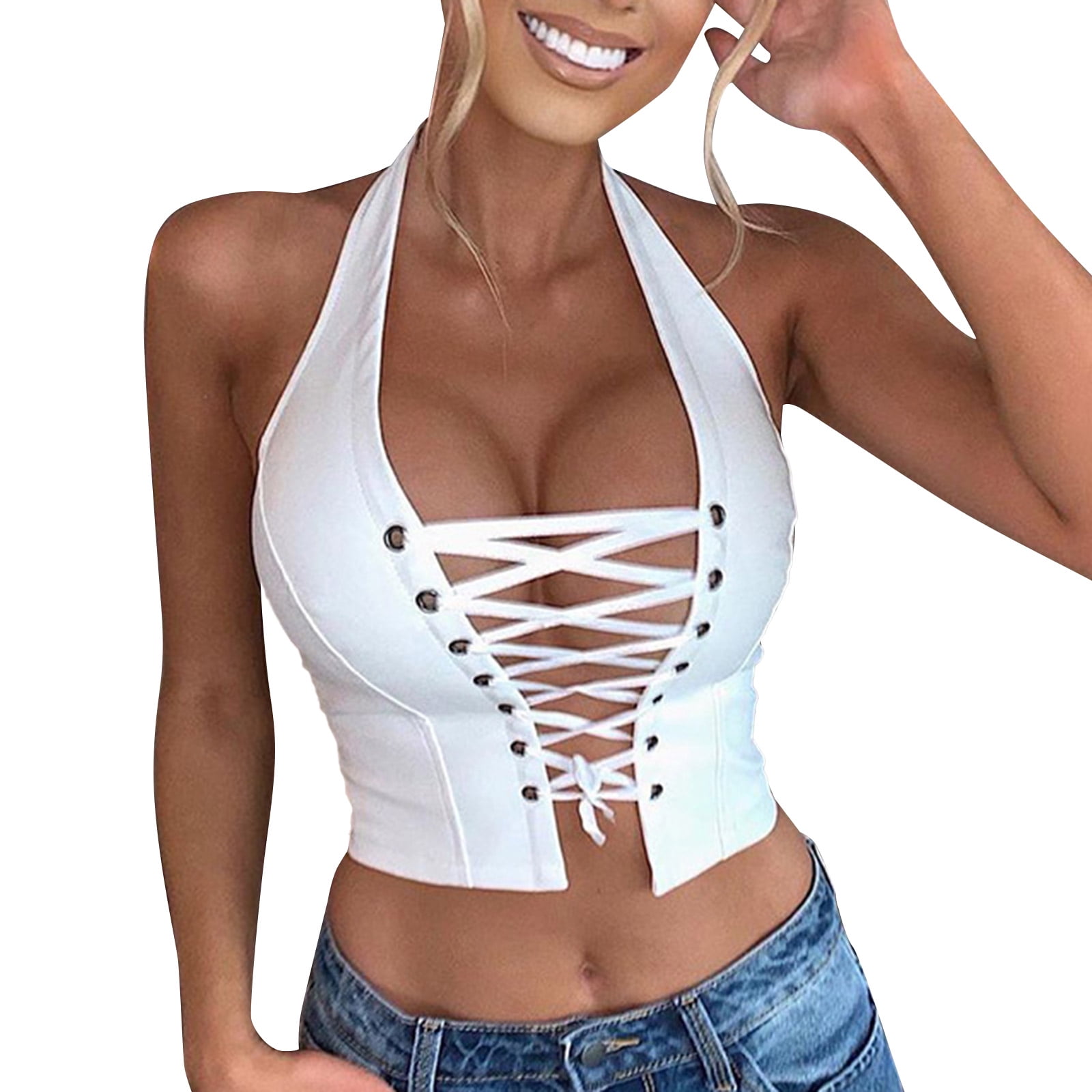 PMUYBHF Female L White cropped tank top Women's Sleeveless Navelless Sexy  Halter Neck Strappy Leather Vest - Walmart.ca