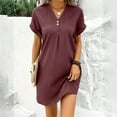 thumbnail image 4 of Womens Summer Casual Dresses Solid Color V Neck Short Sleeve Button Loose Elegant Mini Shirt Dress Streetwear, 4 of 6