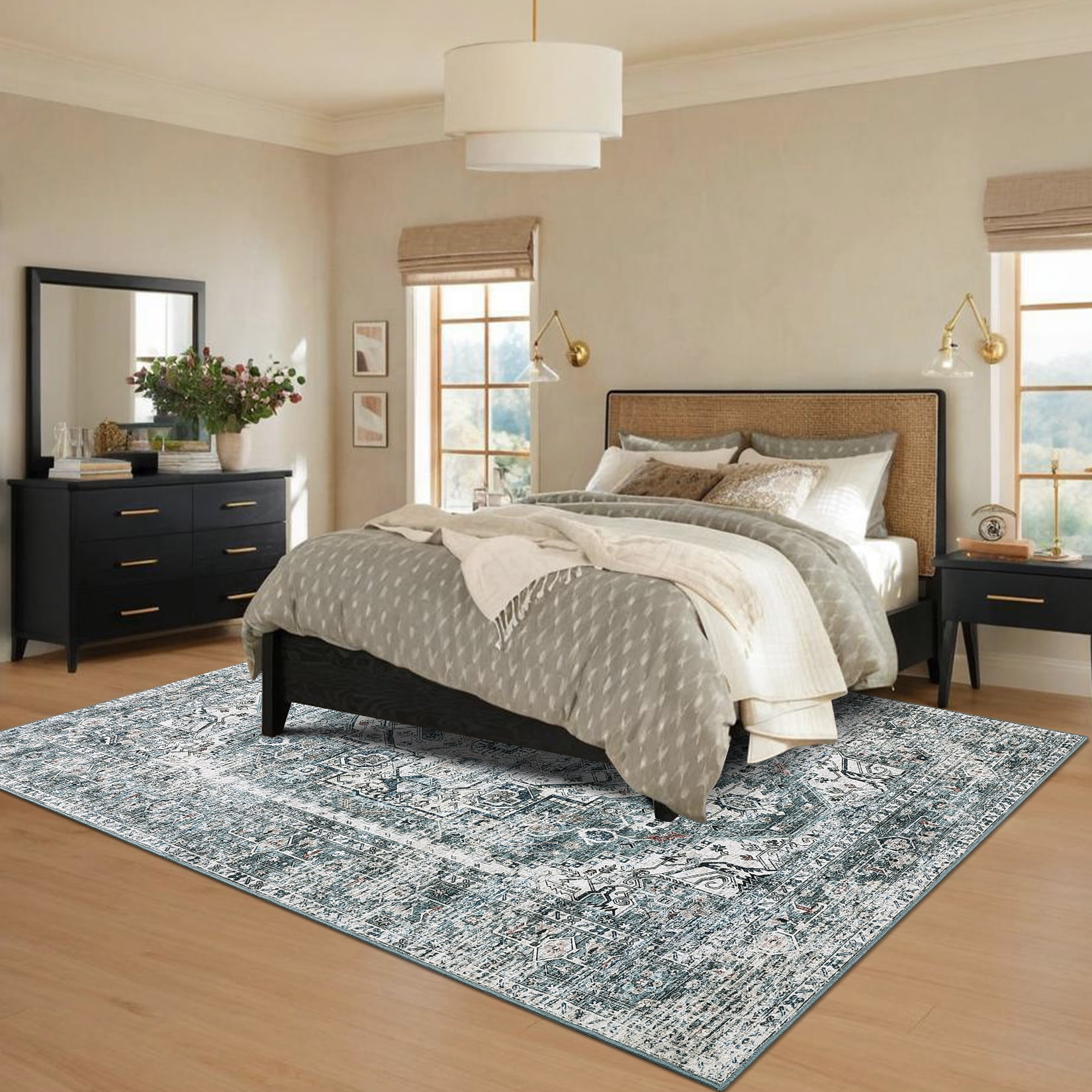 Hasoo Area Rug for Living Room 8' x 10' Vintage Carpet Machine Washable Rugs Bedroom Blue/Green