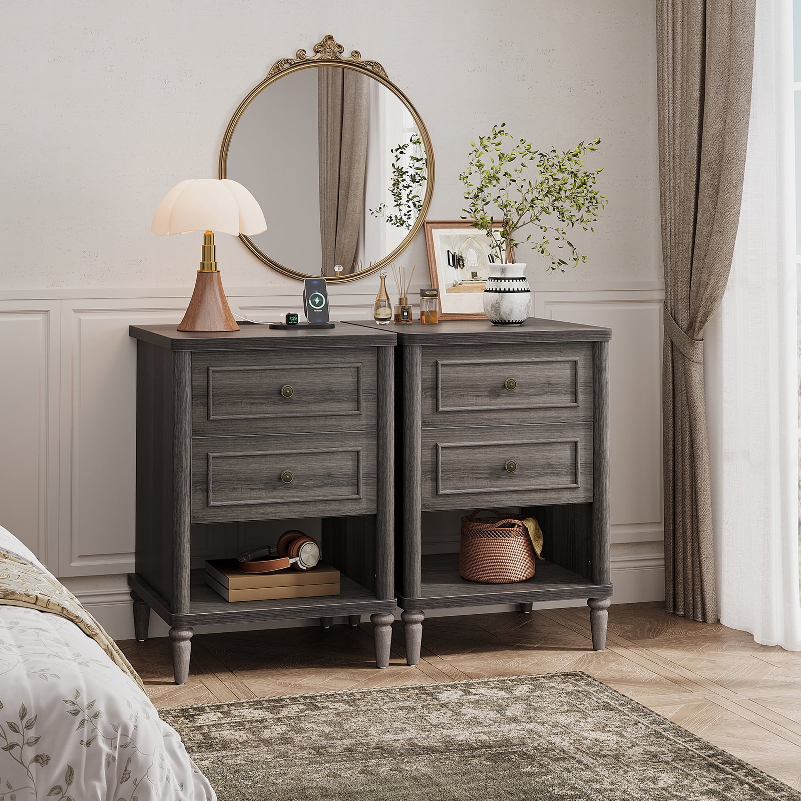 Bestier Farmhouse Nightstand Set of 2 with 2 Drawers, Wood Bedside Table Sofa Side End Table Night Stand with Charging Station for Living Room, Bedroom, Home Office, Gray