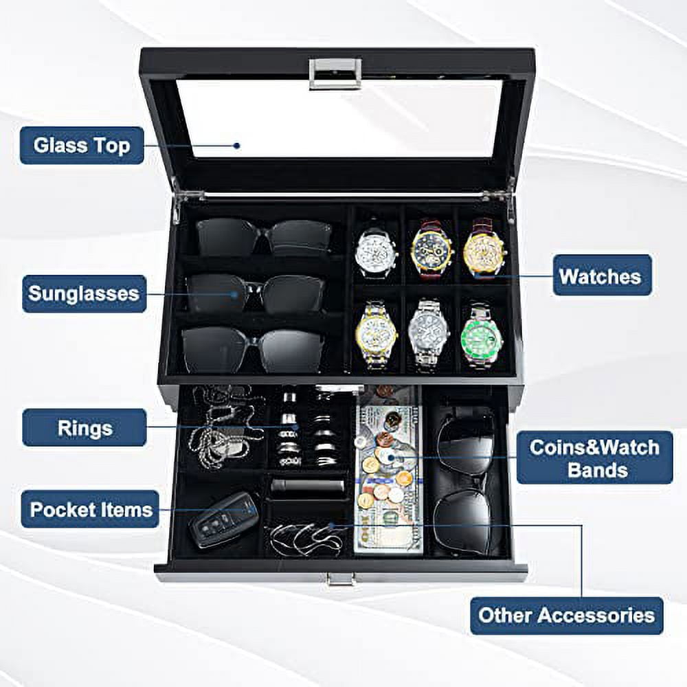 ProCase Wooden Men's Jewelry Box, Watch and Sunglasses Box Organizer for Men, 2-Tier Watch Holder and Glasses Display Cases with Clear Glass Top and Storage Drawer -Black